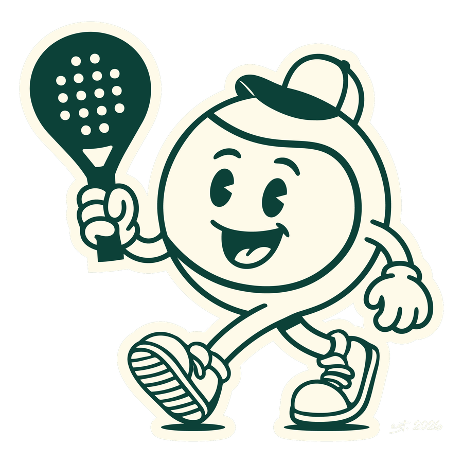 Padel Pete, the District Padel mascot, holding a racket